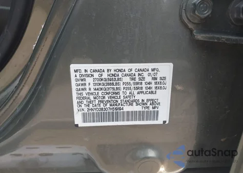2007 Acura Mdx Technology Package z USA, uszkodzony, nr VIN 2HNYD28307H519194